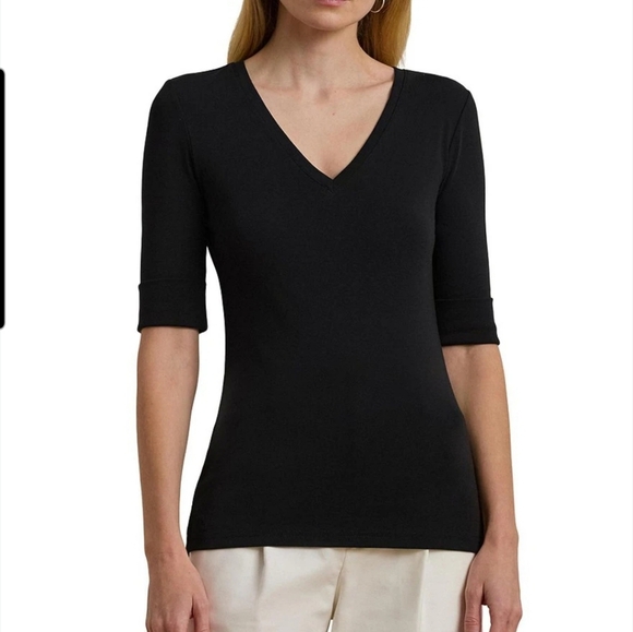 Ralph Lauren Black Stretch V-Neck Top - Picture 1 of 8